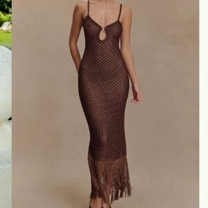 Meshki - Brown Metallic Knit Fringe Midi Dress